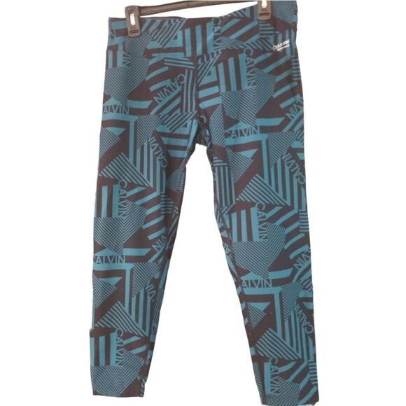 Calvin Klein Performance Wick Black  and Green Geometric Design Leggings Size XL - Picture 1 of 9